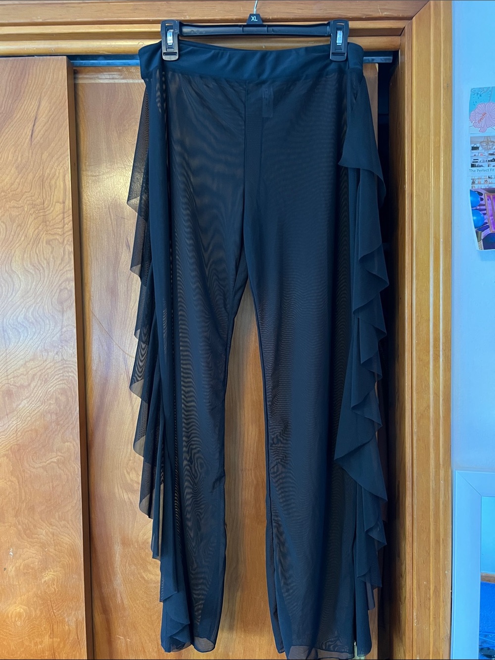 SHEIN Black Wide-Leg Mesh Pants with Side Ruffles